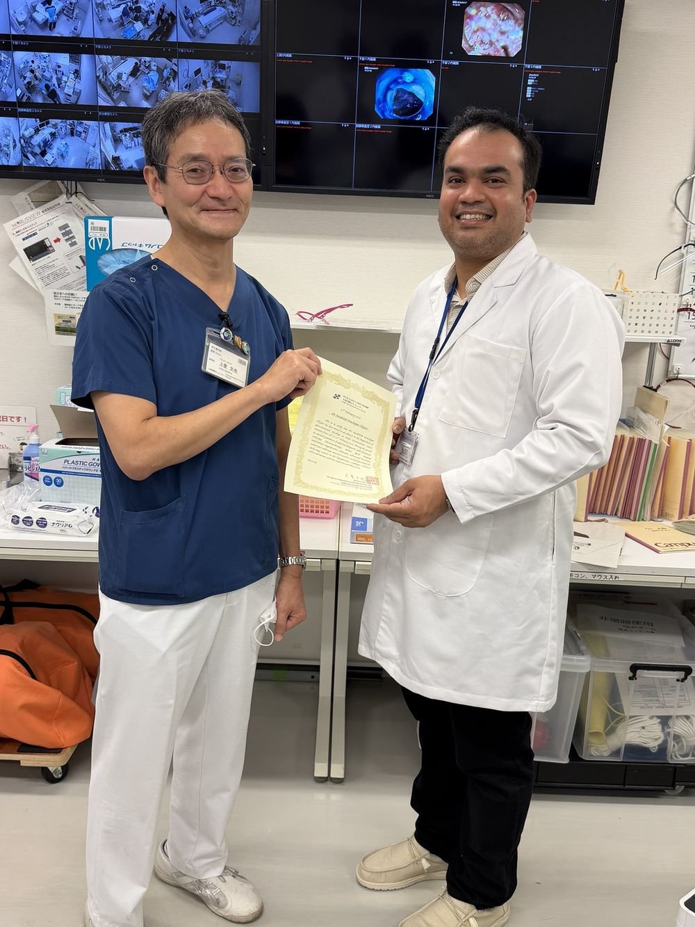 Dr Surakshith T K with Professor Noriya Uedo after image-enhanced endoscopy and ESD training at the Osaka International Cancer Institute, Japan